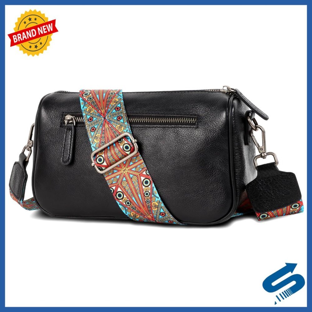 Genuine Leather Crossbody Bag with Bohemian Strap, Lightweight Design